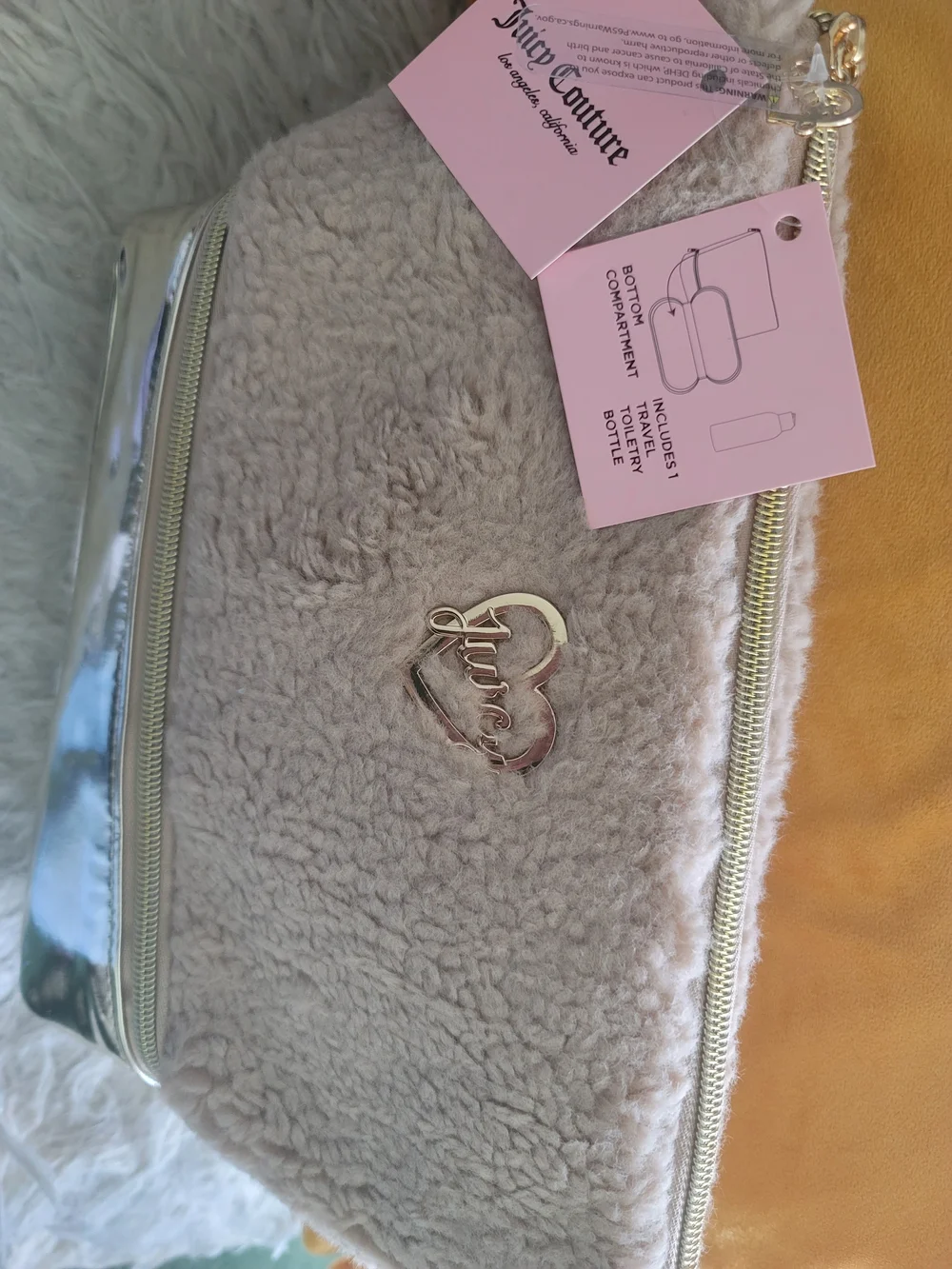Juicy Couture beige Sherpa And GOLD TONE TWO SECTION COSMETIC TRAVEL BAG